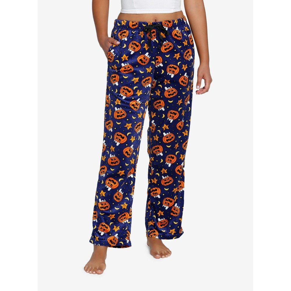 Peanuts Halloween Snoopy Pumpkins Velvet Pajama Pants Womens Size XL Blue/Orange